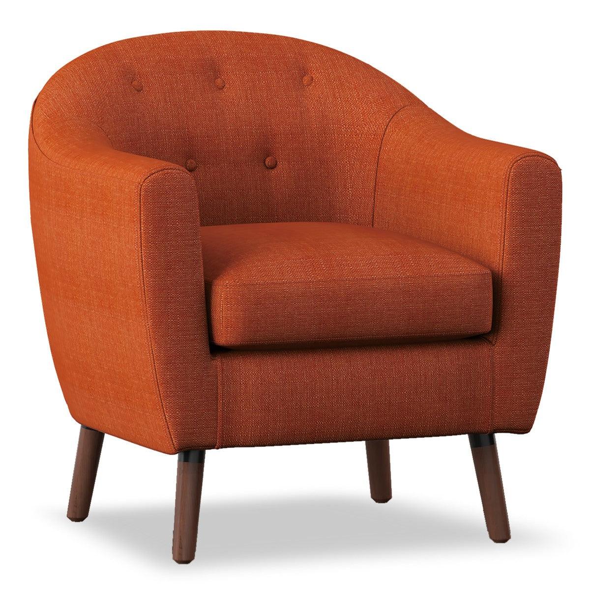Side angle of Lucille Orange Tufted Fabric Accent Chair showcasing tufted back and arm height