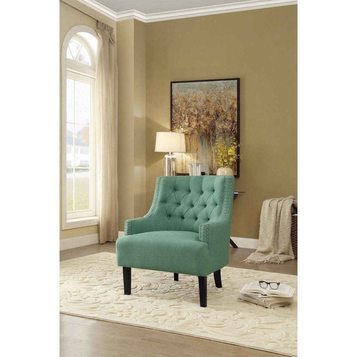 Charisma teal fabric tufted accent chair close-up of fabric texture and tufting