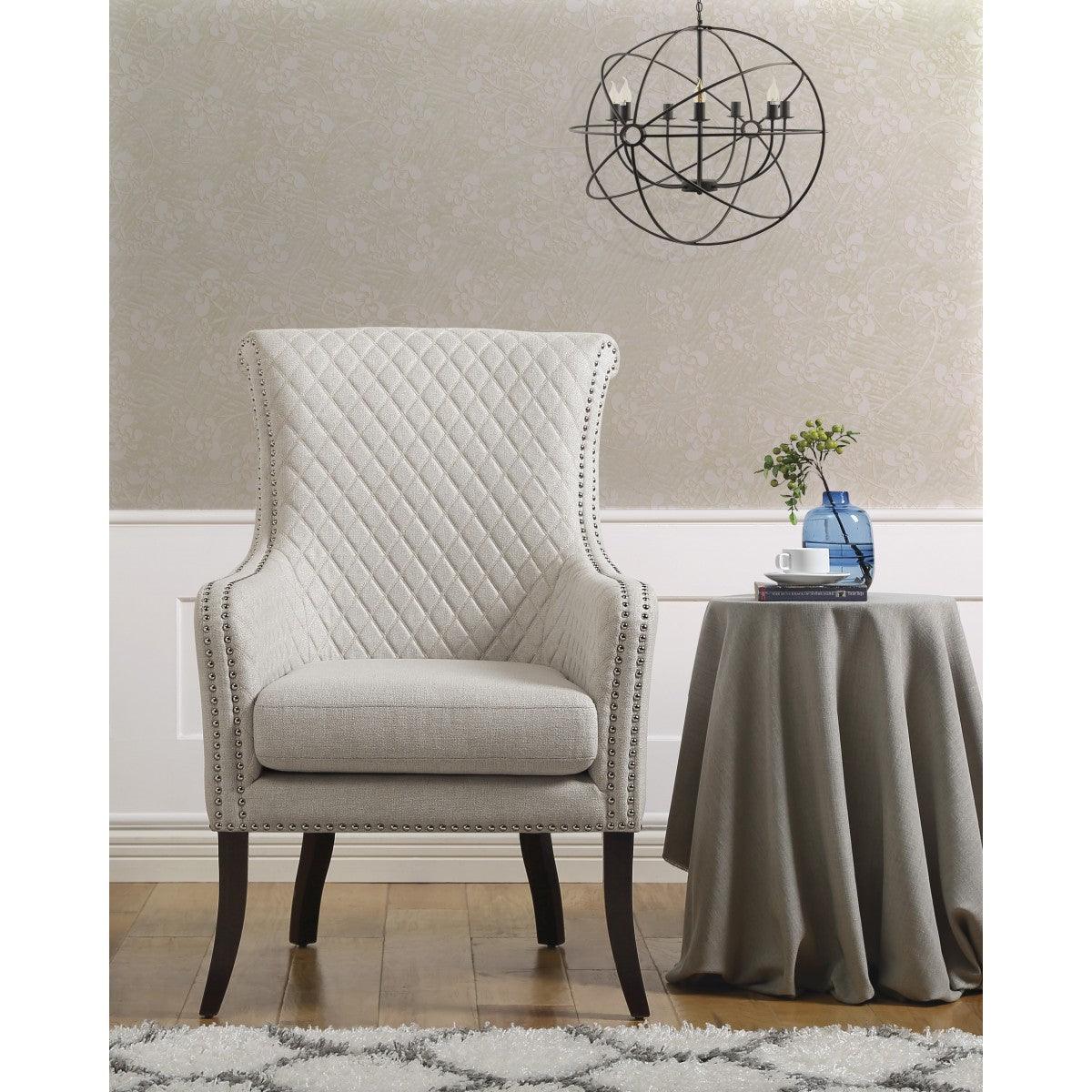 Avalon Beige Quilted Fabric Accent Chair with espresso wood legs