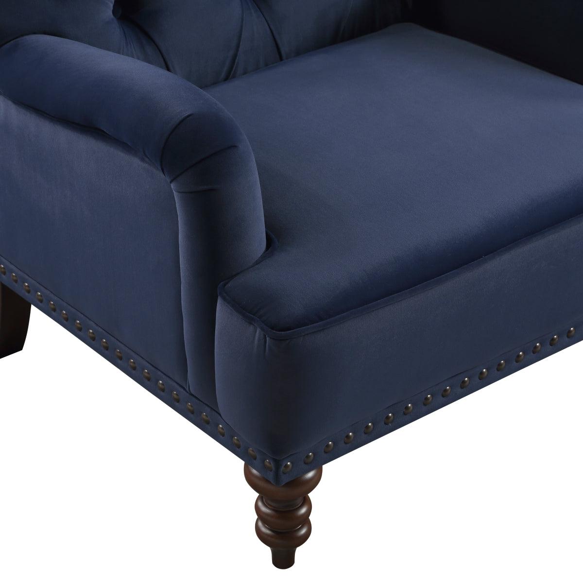 Holland Park dark blue velvet tufted accent chair seat detail
