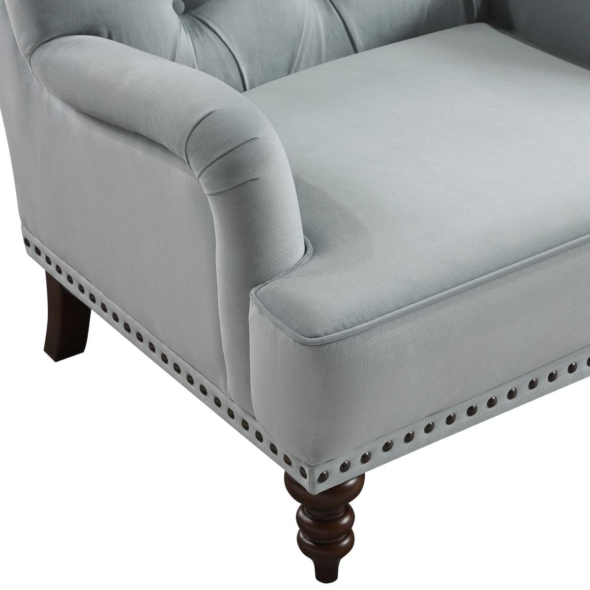 Holland Park gray velvet tufted accent chair detailed upholstery close-up