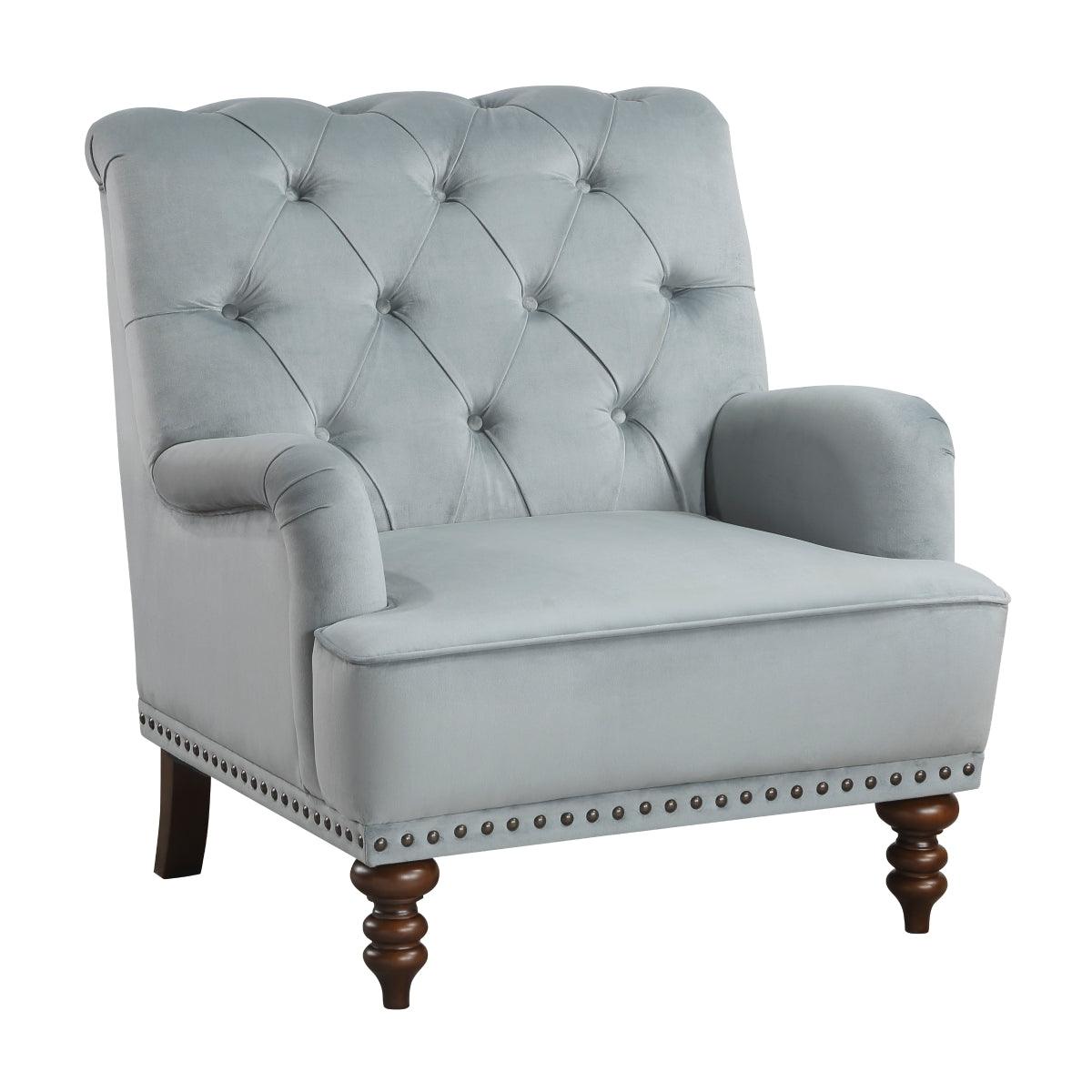 Holland Park gray velvet tufted accent chair side angle