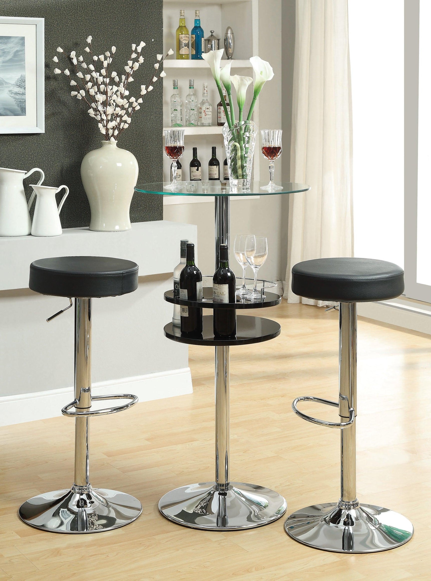Gianella Glass Top Bar Table With Wine Storage Black And Chrome - Ella Furniture