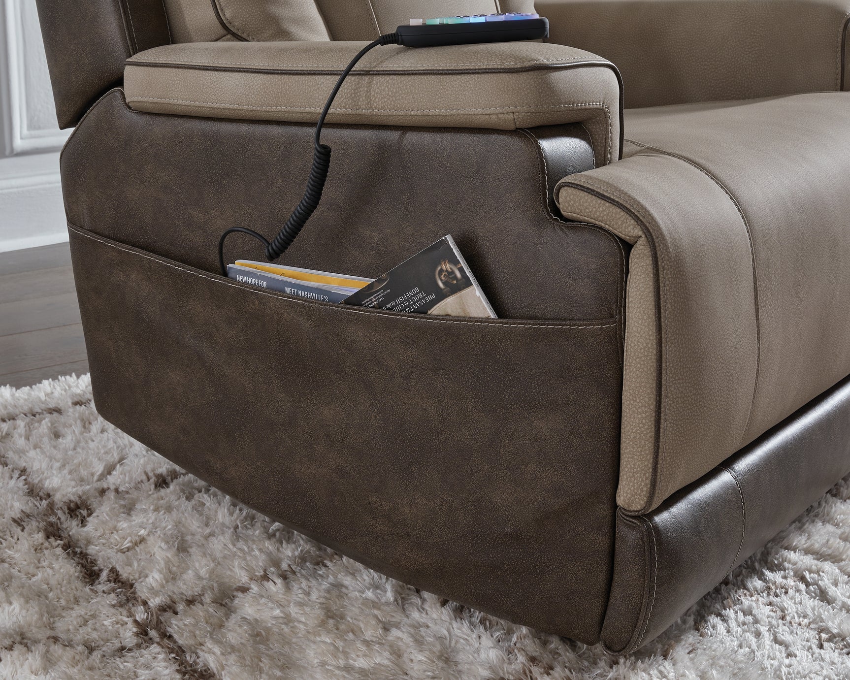 4Z-Peaceful Pause Sand Microfiber Power Lift Recliner pocket detail while reclined