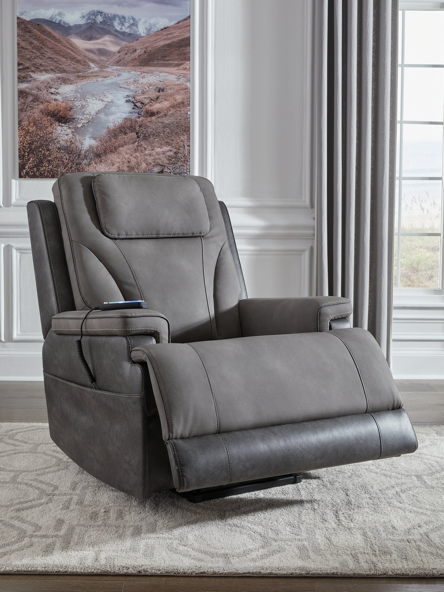 Reclining mode close-up of Ashley power lift recliner