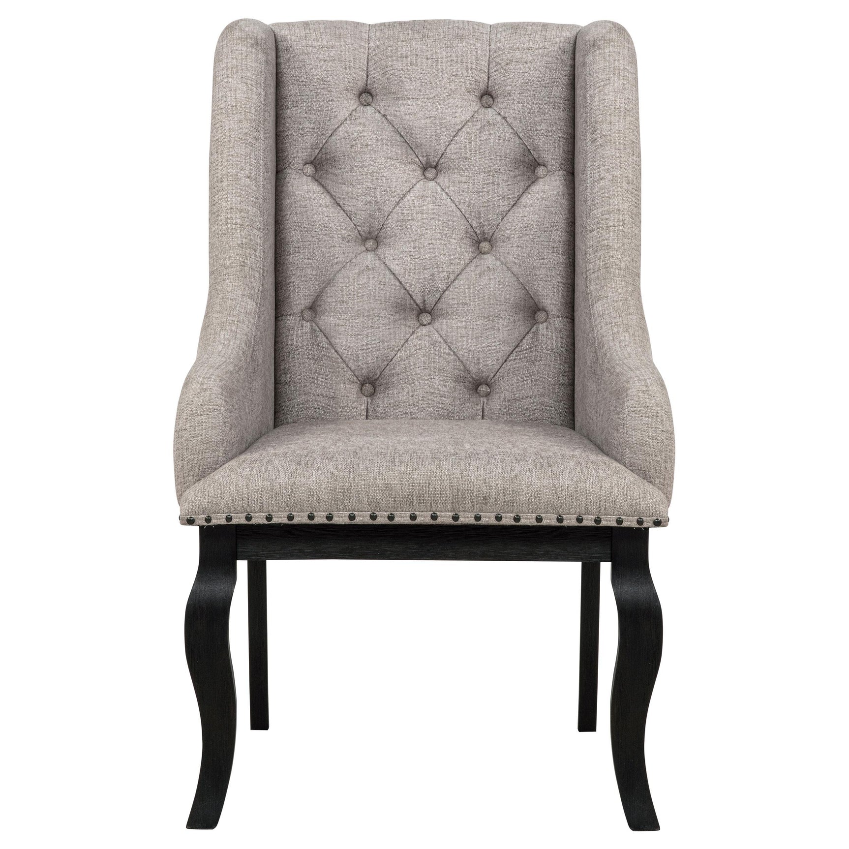 Phelps Upholstered Dining Arm Chairs Tan Distressed Noir Set of 2 front angle