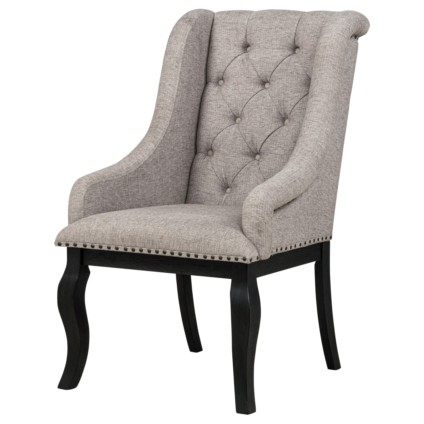 Phelps Upholstered Dining Arm Chairs Tan Distressed Noir Set of 2 front angle