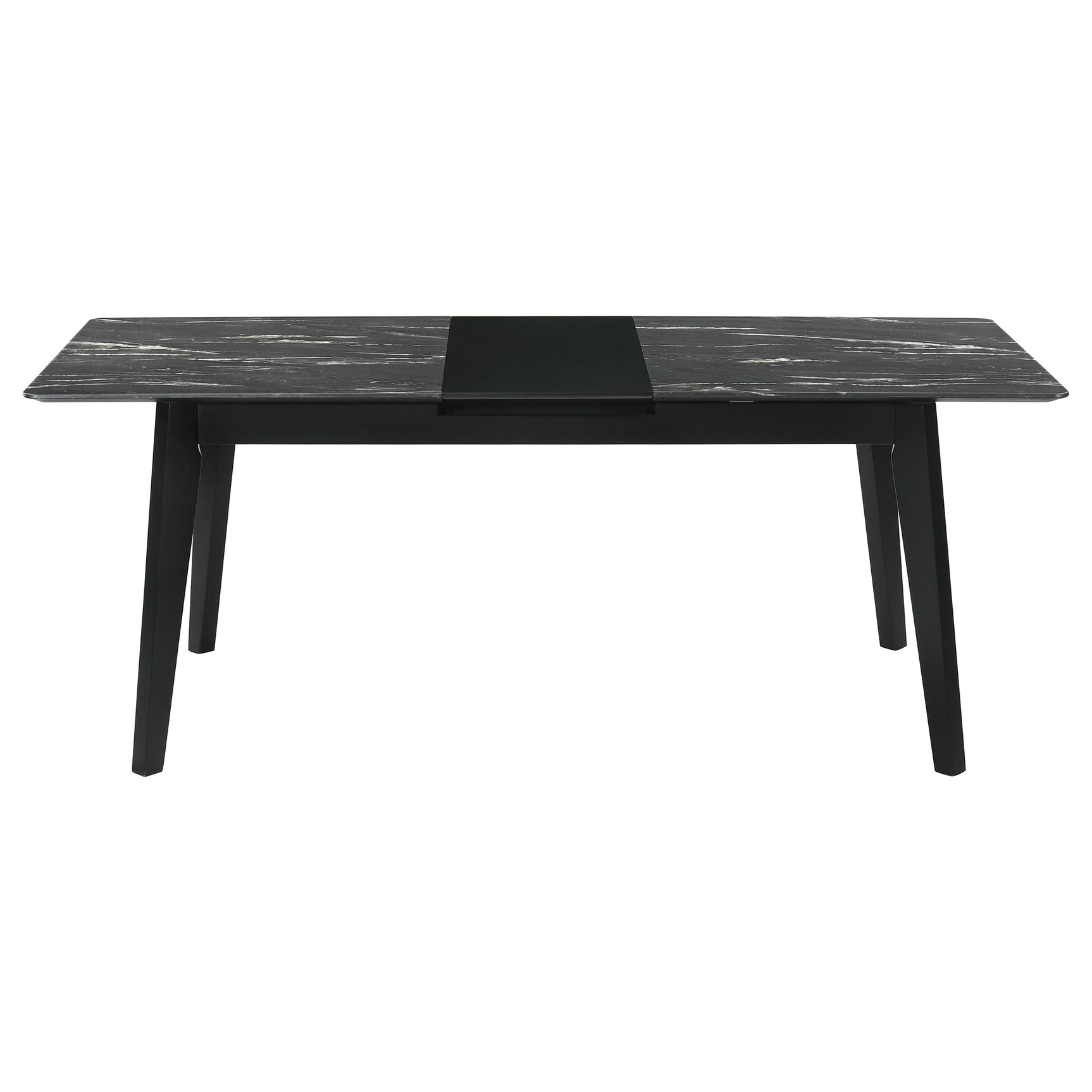 Room angle showing Crestmont black extension leaf table with chairs