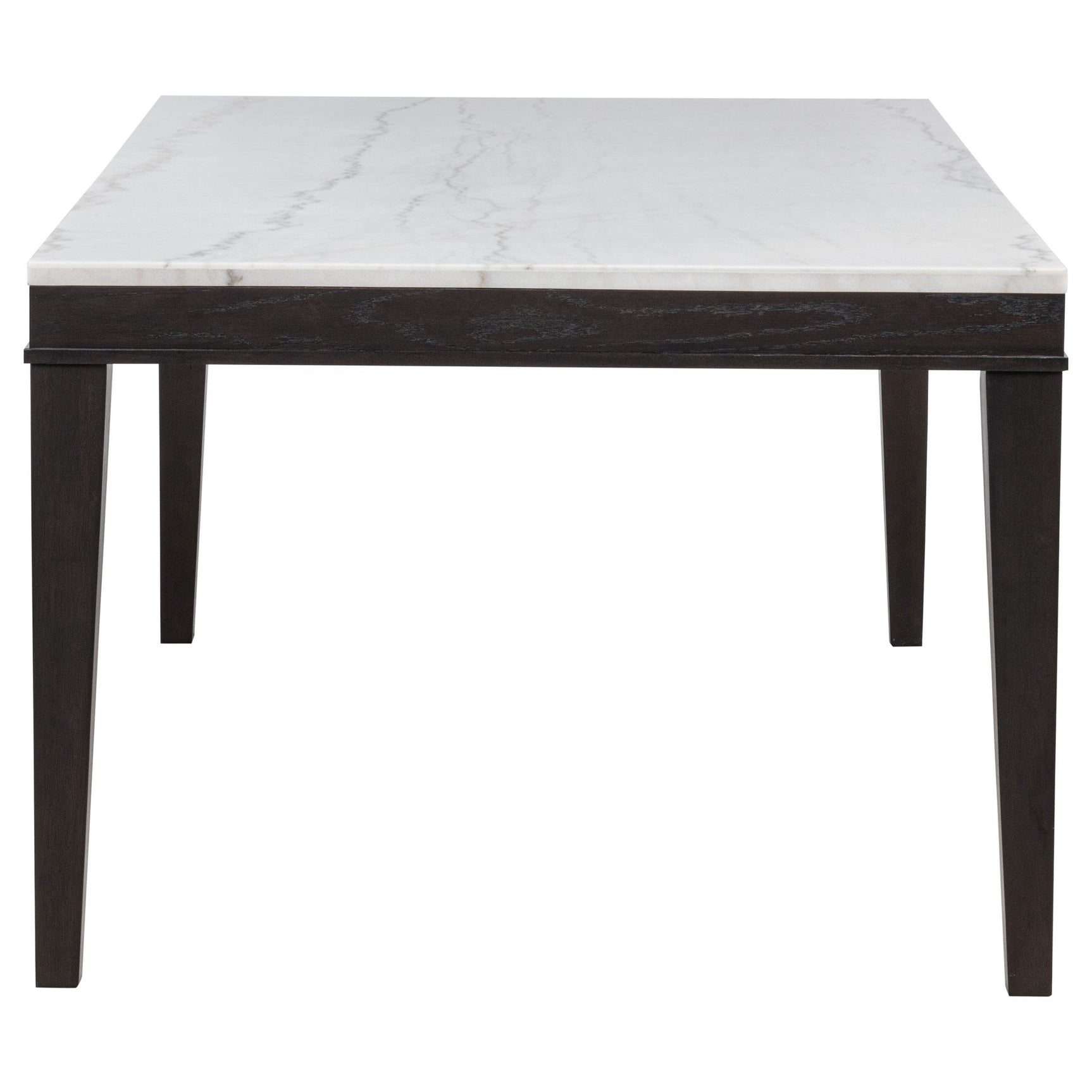 Averill 72-inch rectangular dining table with white marble top and coffee bean base, angled view