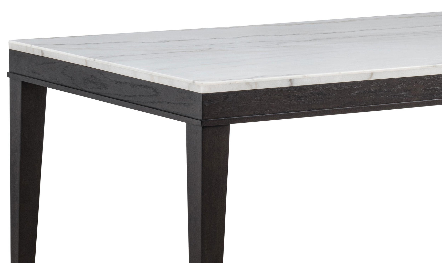 Averill 72-inch rectangular dining table with white marble top and coffee bean base, angled view