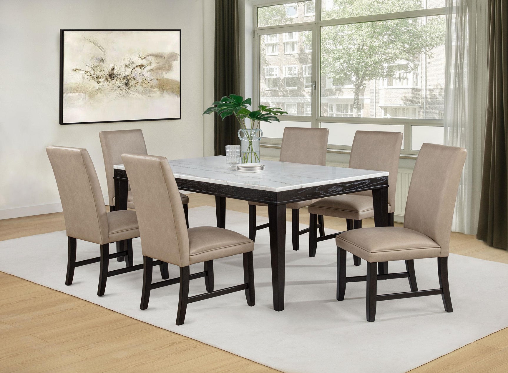 Averill tan faux leather upholstered dining side chair front angle view
