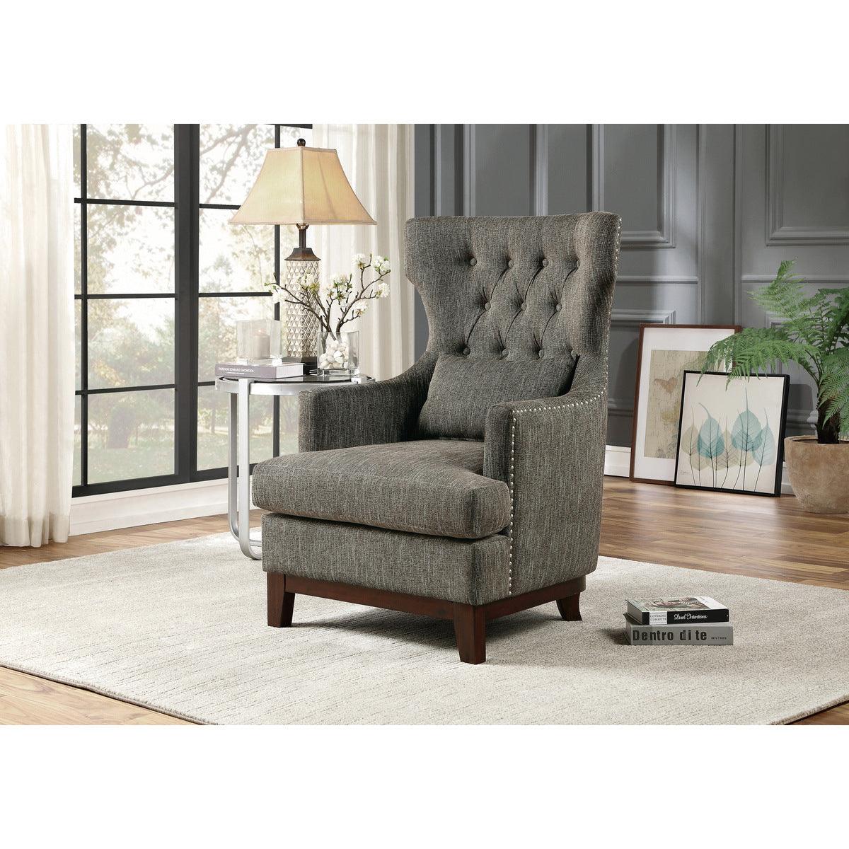 Adriano brown-gray tufted fabric upholstered accent chair angled view