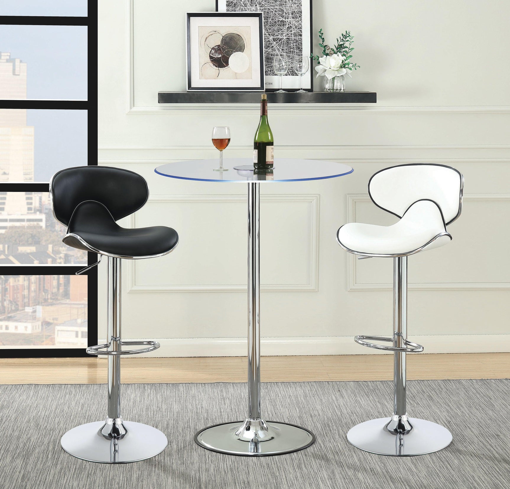 Side angle of Thea LED Bar Table showcasing chrome finish and glass top