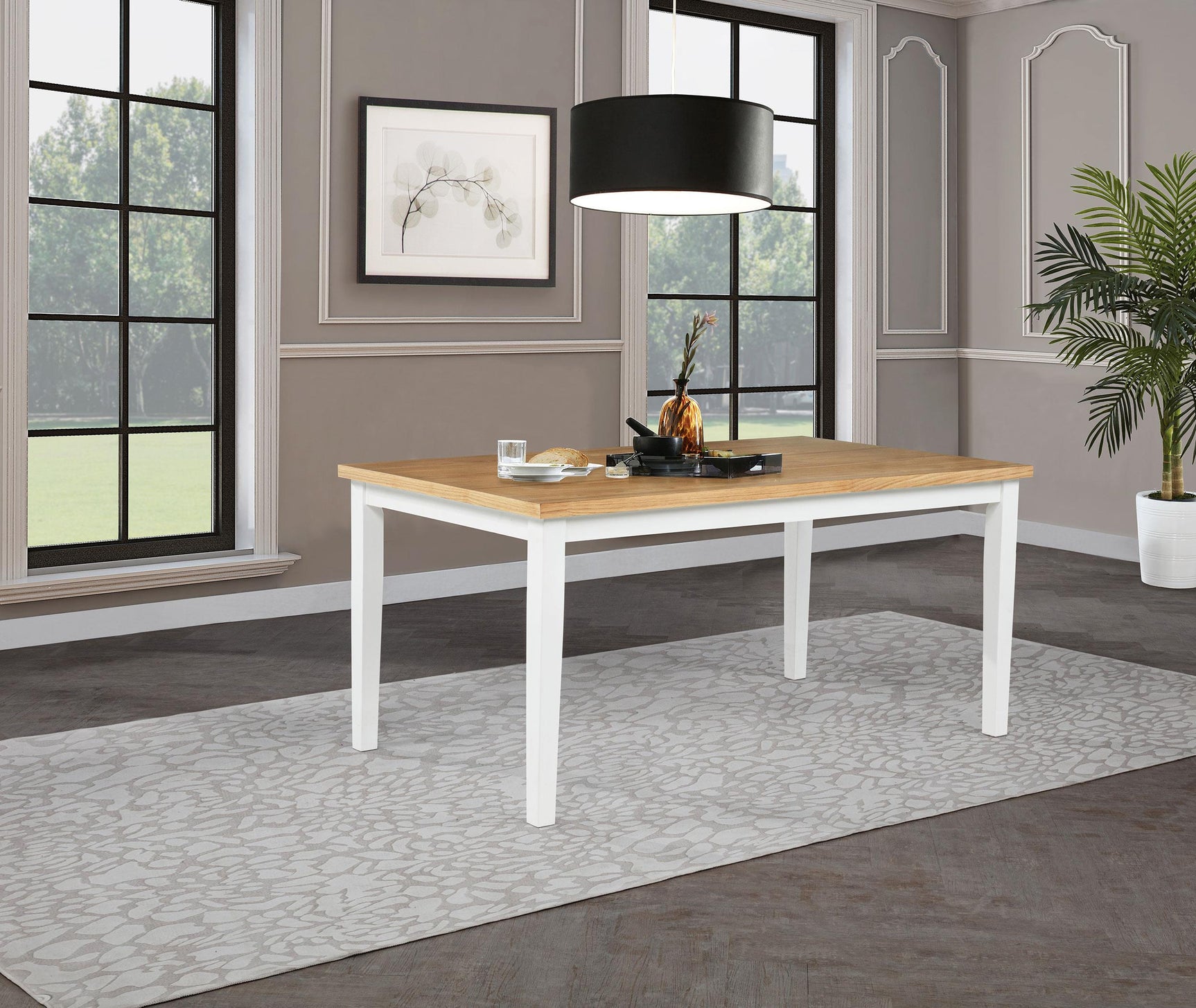 Close-up of Andrews dining table wood grain and white leg