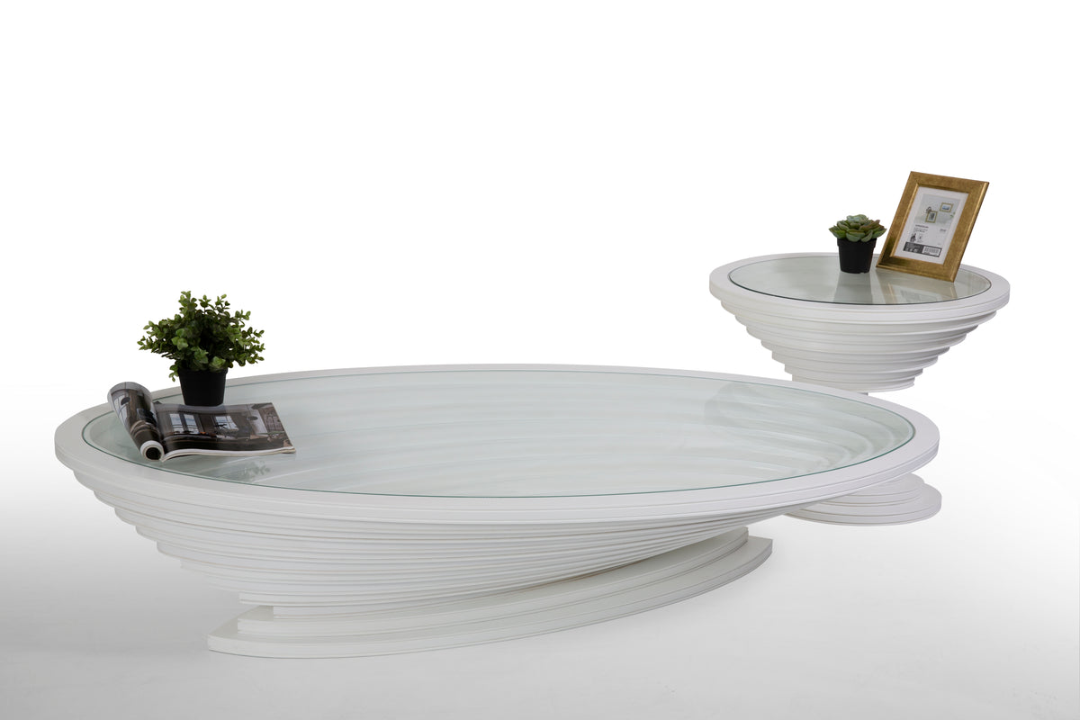 Tina White End Table set in living room