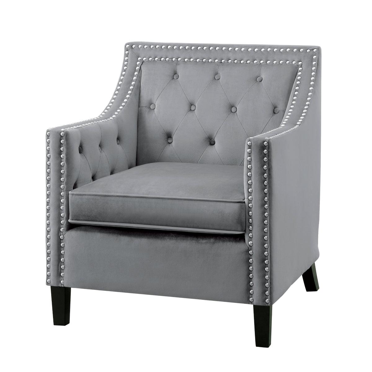 Grazioso dark gray velvet tufted accent chair side view showing nailhead trim