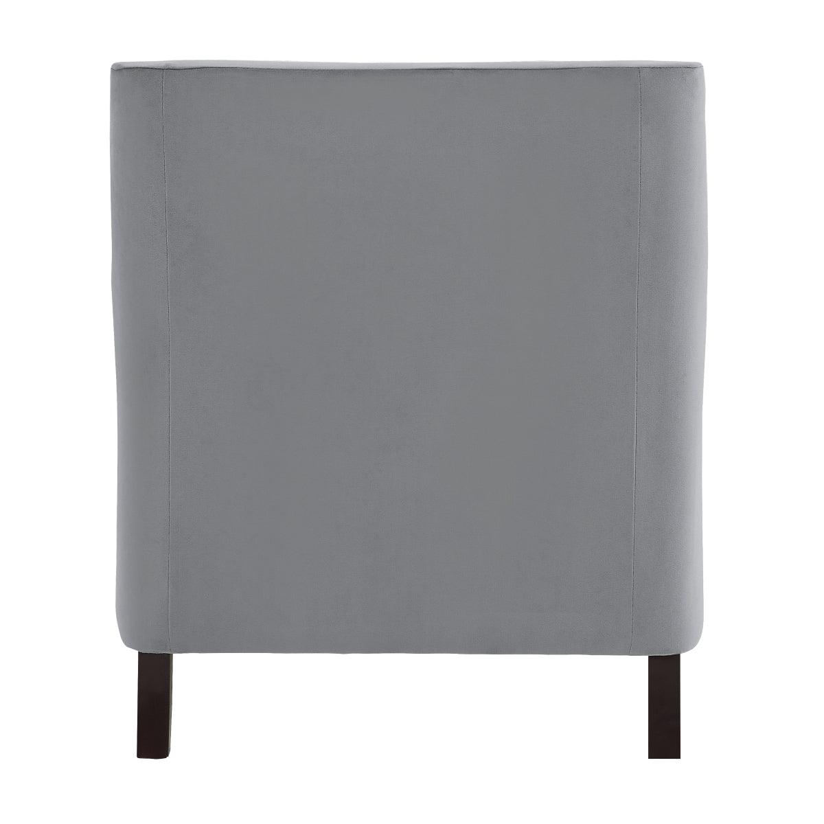 Close-up of button-tufted back and dark gray velvet upholstery on Grazioso chair