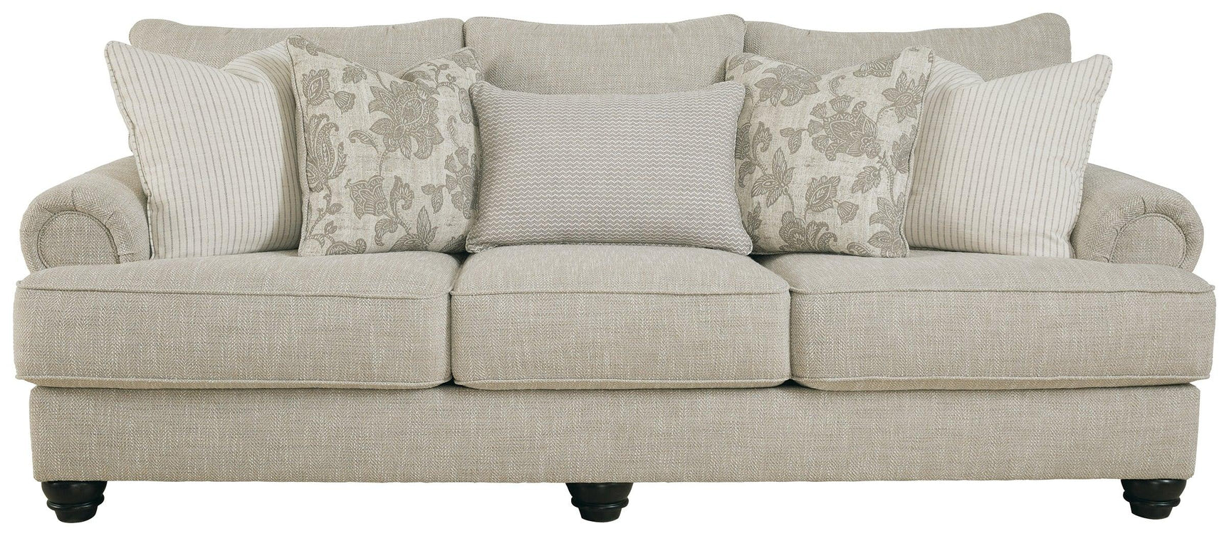 Close-up of Asanti Sofa chenille fabric and featherblend pillows