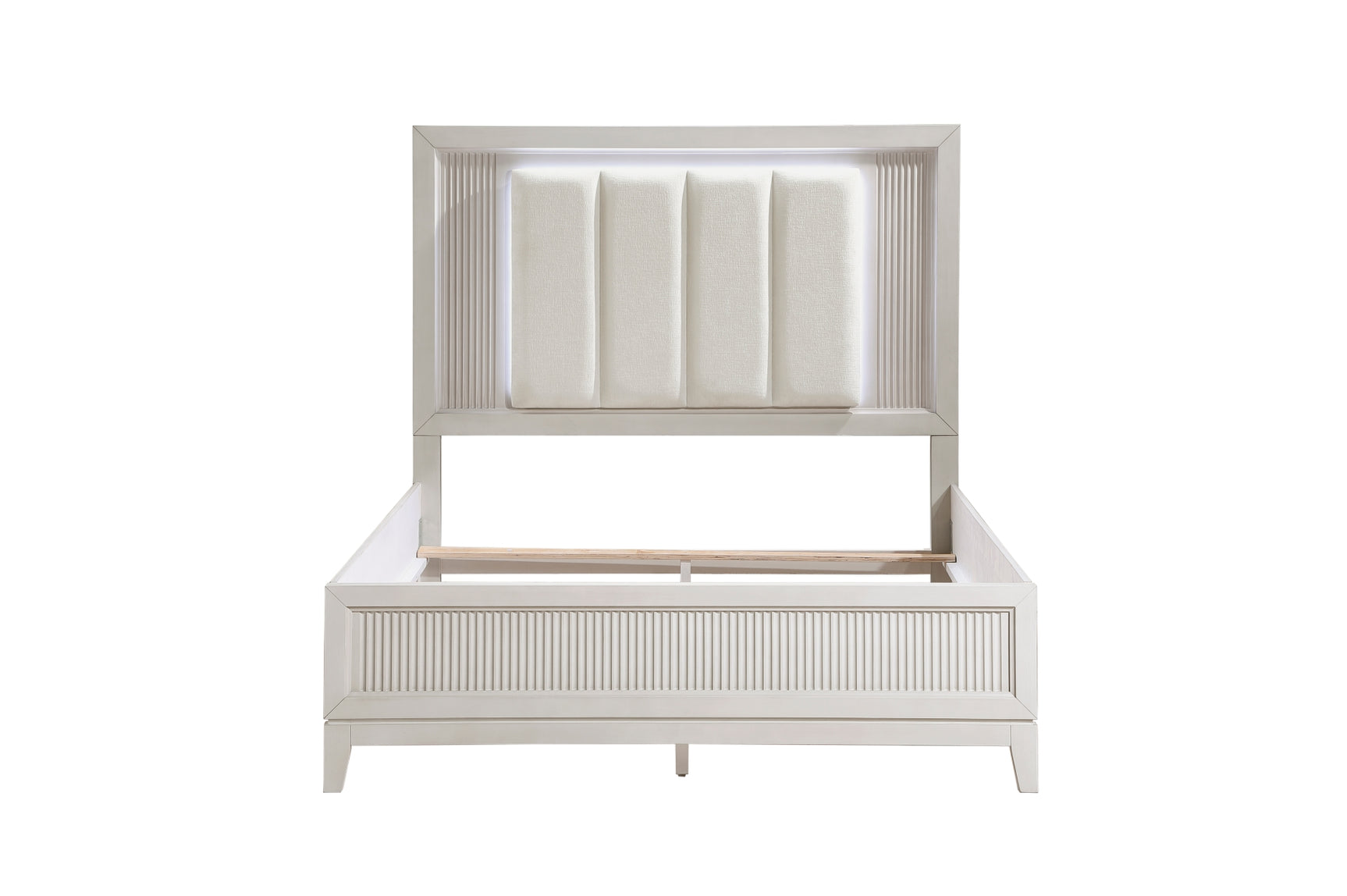 Florence Antique White Upholstered LED Panel Bed front angle