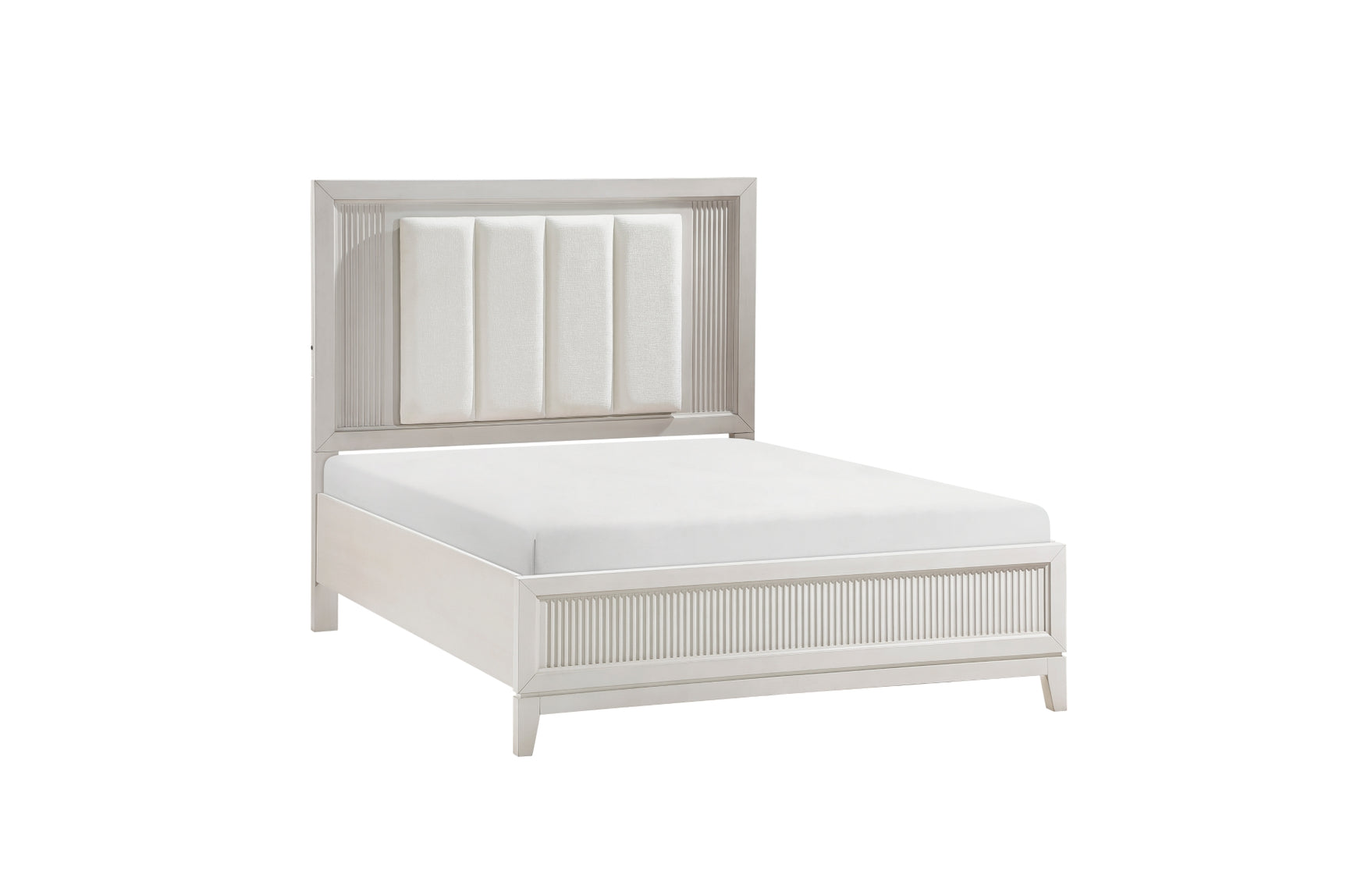 Florence Antique White Upholstered LED Panel Bed side angle