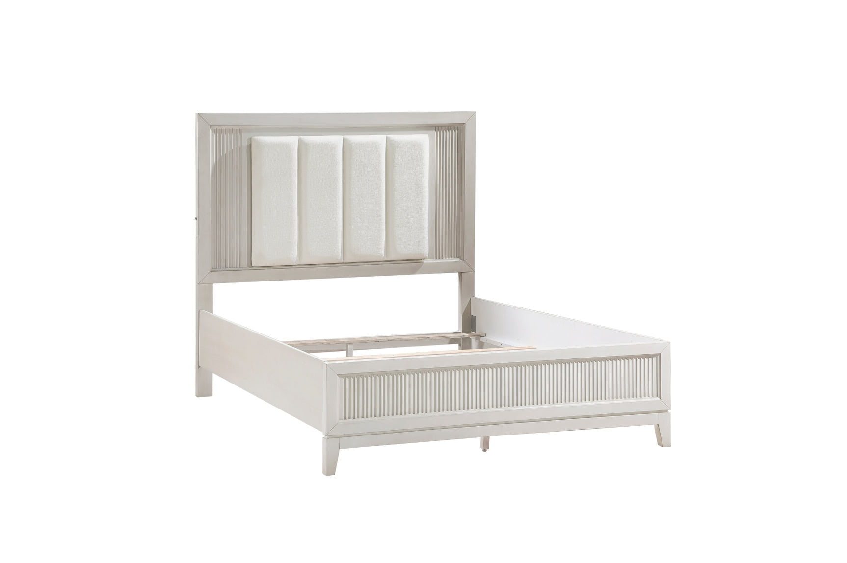 Florence Antique White Upholstered LED Panel Bed detailed side view