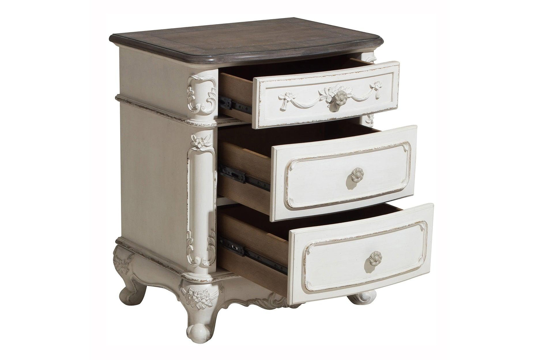 Cinderella Antique White Youth Panel Bedroom Set - Top view of dresser and nightstand