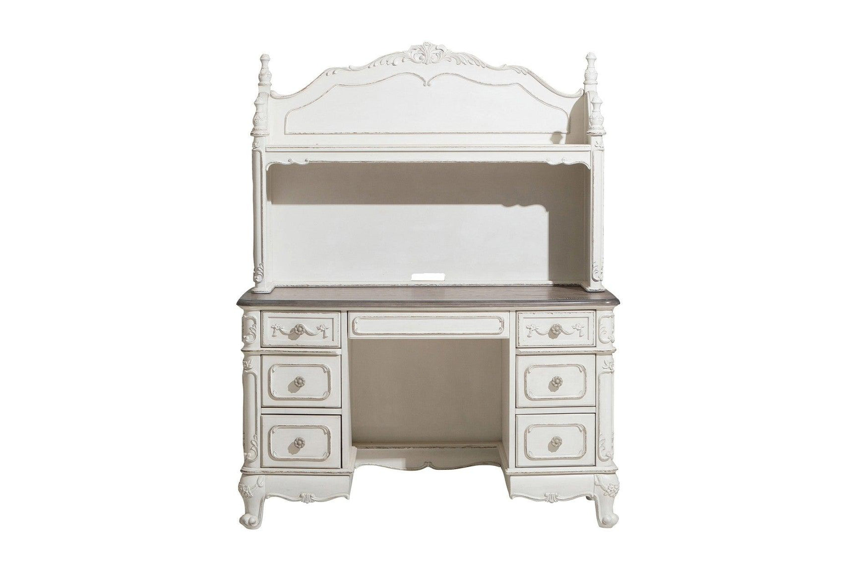Writing desk surface with keyboard tray and floral motif hardware