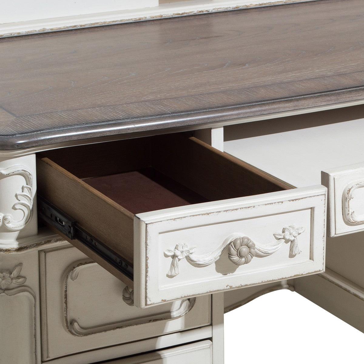 Open drawer detail of Cinderella antique white and gray rub-through writing desk