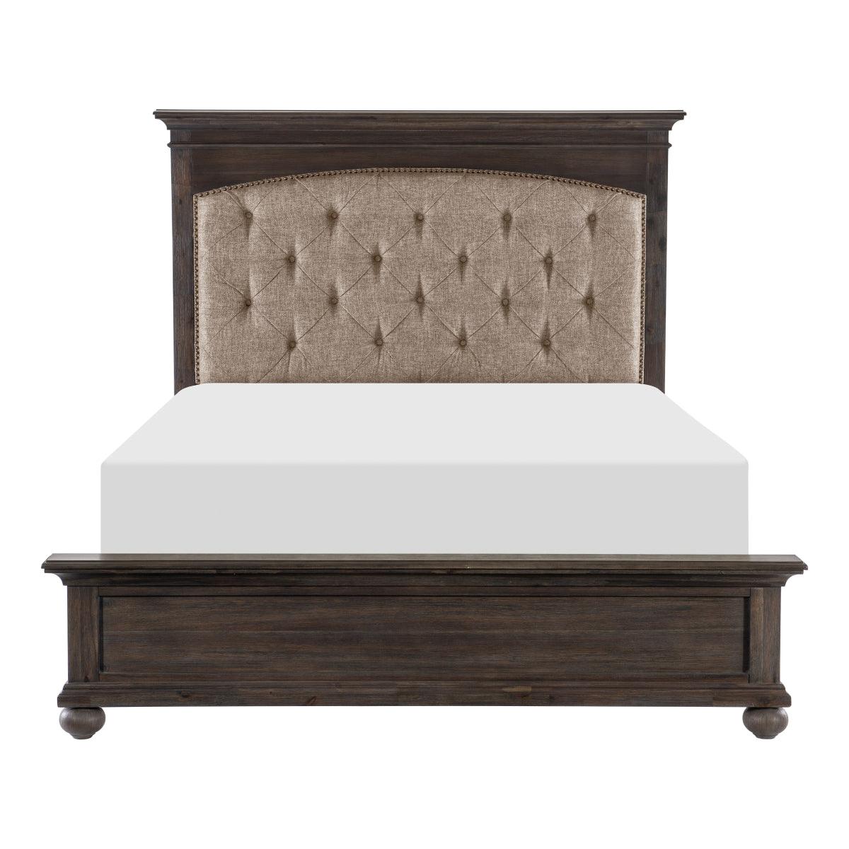 Motsinger King Bed with button-tufted brown fabric headboard and rustic acacia wood frame