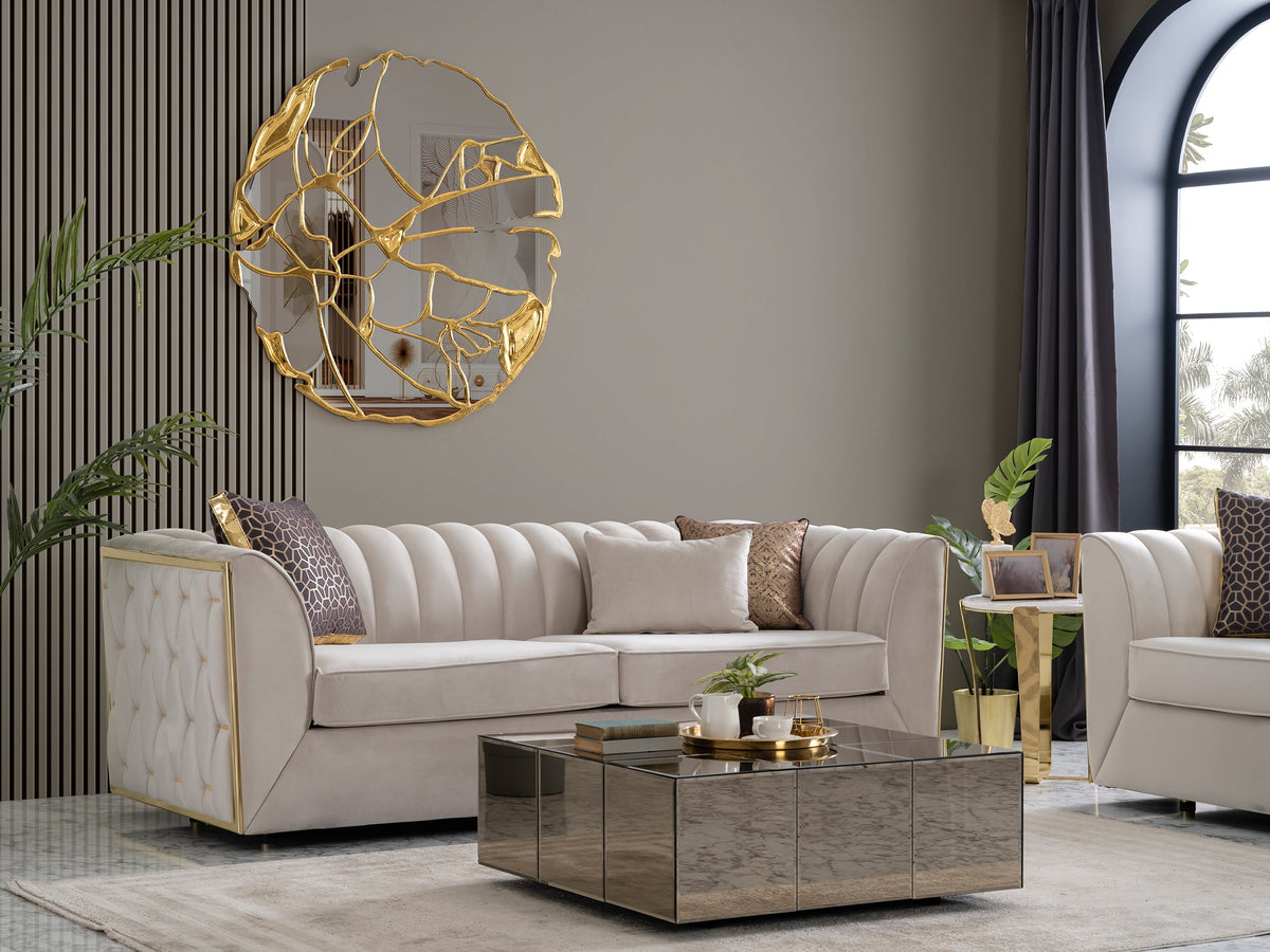 Leah Coffee Table showing composite wood frame and glass top from side angle