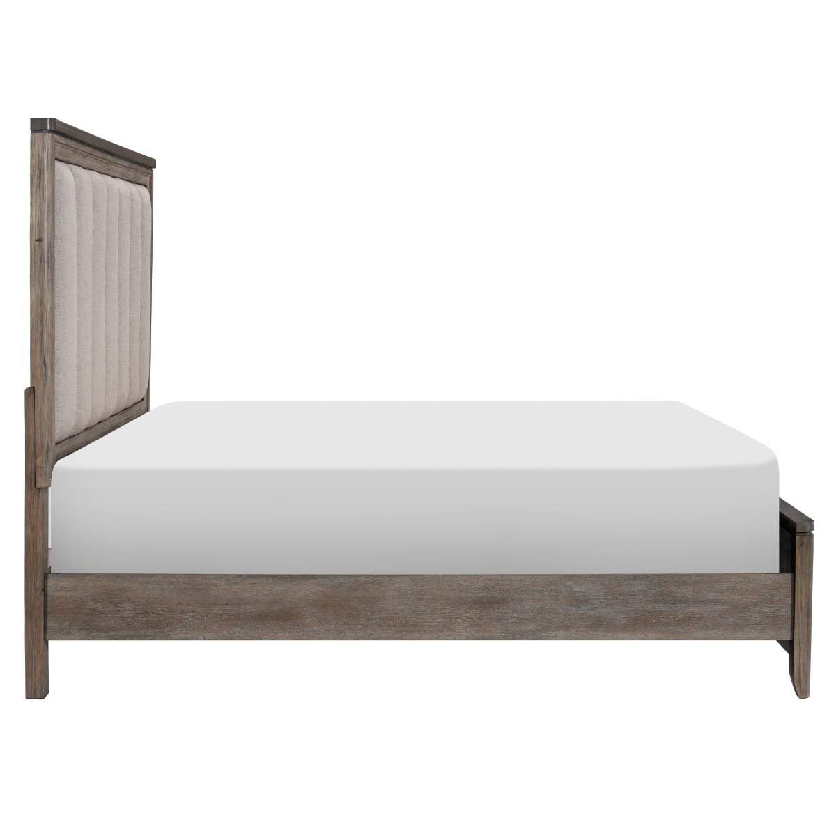 Newell Light Brown Oak Fabric Upholstered King Bed side profile showing headboard