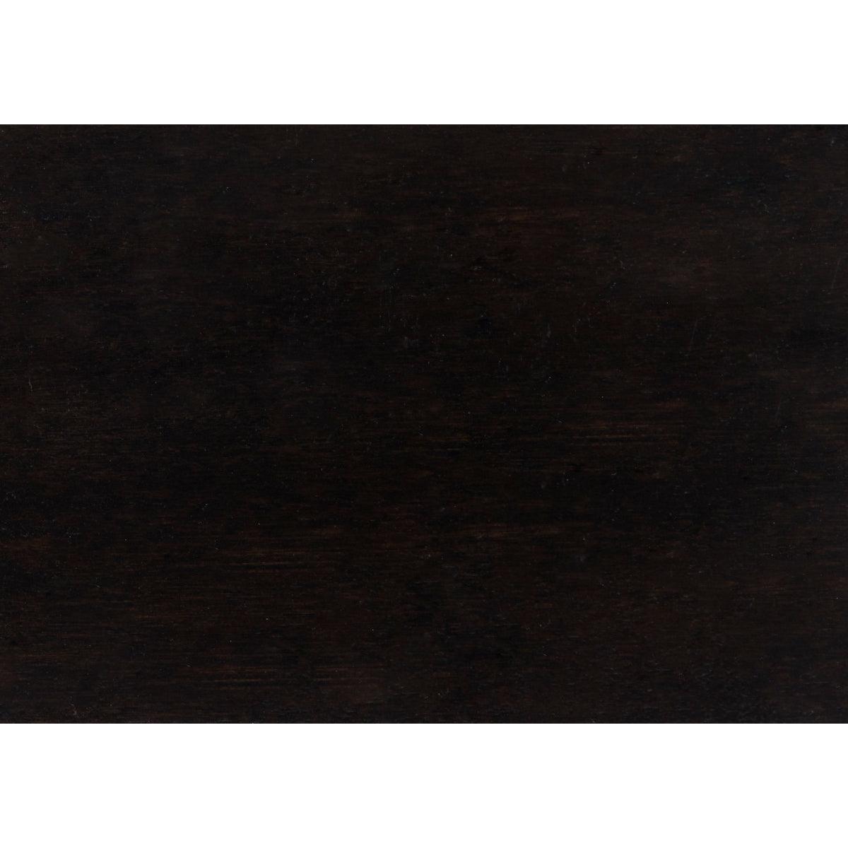 Close-up of charcoal brown wood grain and drop handle hardware on Herman bed