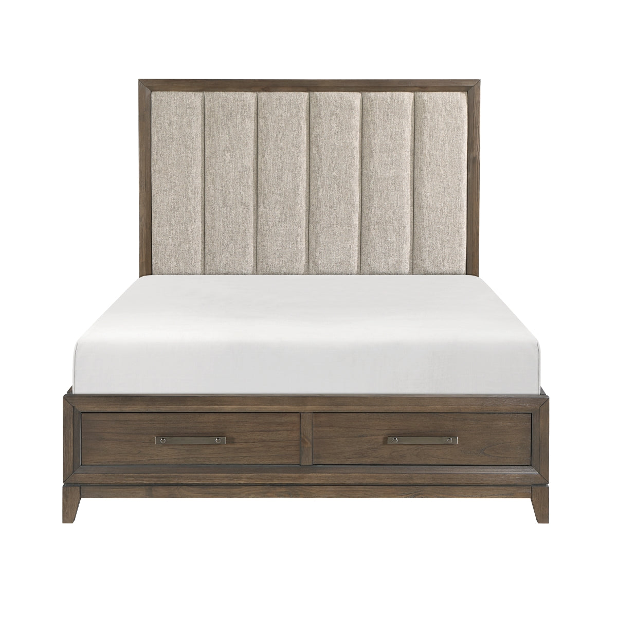 Shoro King Bed with channel tufted flaxen chenille headboard front angle