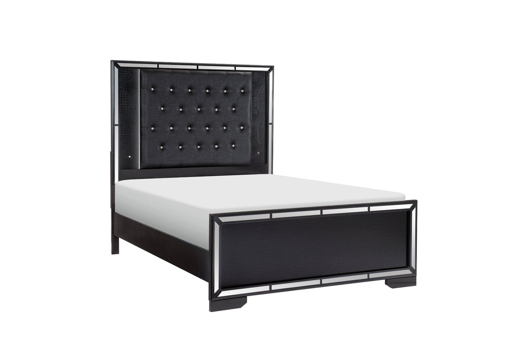 Bedroom perspective of Aveline Black Faux Leather LED Upholstered Tufted Panel Bedroom Set bed