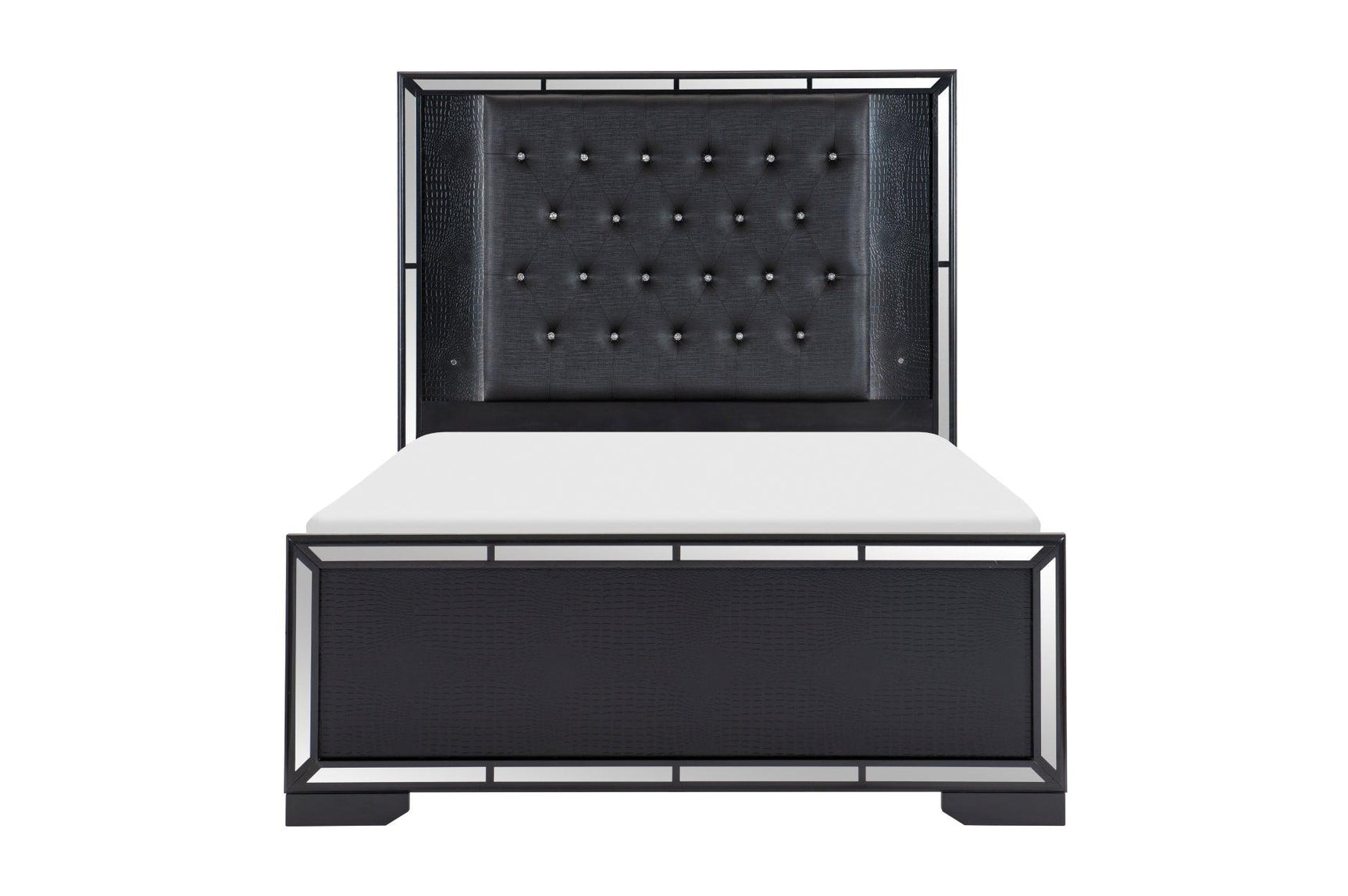 Side view of Aveline Black Faux Leather LED Upholstered Tufted Panel Bedroom Set bed