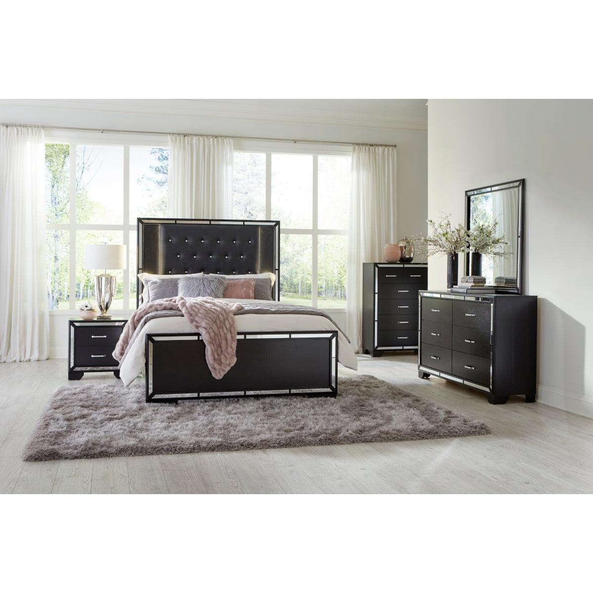 Aveline Black Faux Alligator Faux Leather Upholstered Queen Bed close-up on headboard