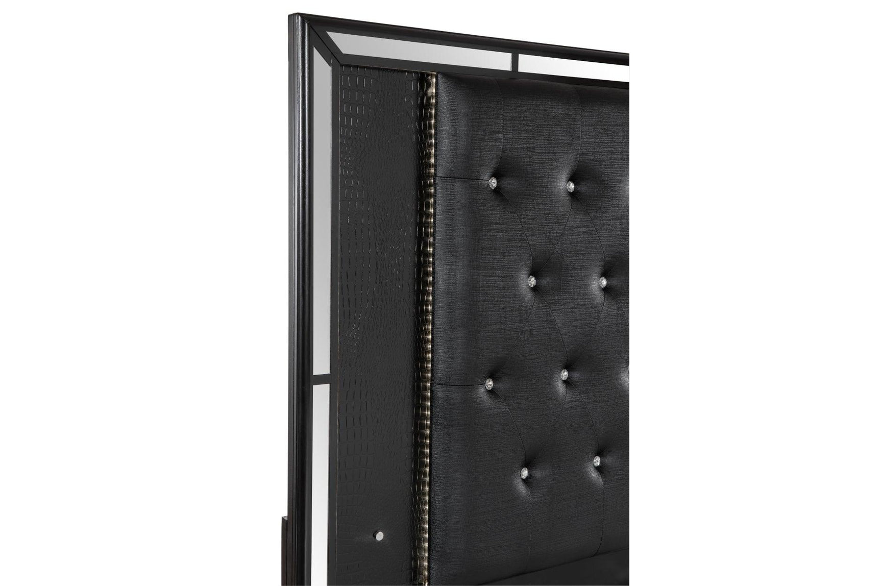 Close-up of LED lighting on Aveline Black Faux Leather Upholstered Tufted Panel bed