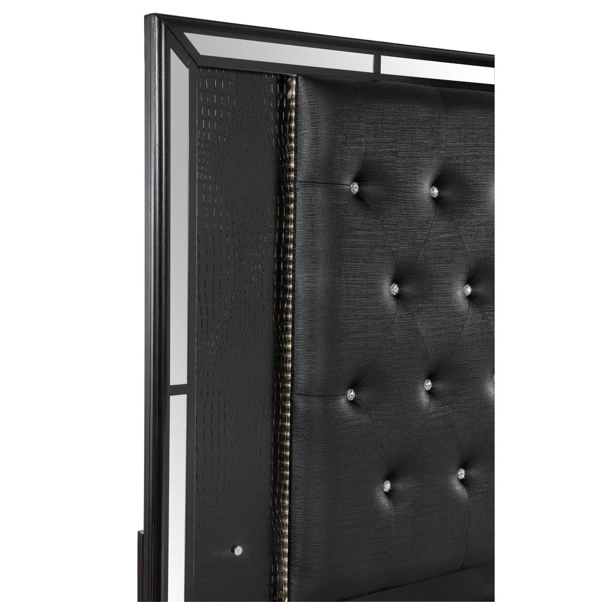 Close-up of LED backlighting on Aveline Black faux leather headboard