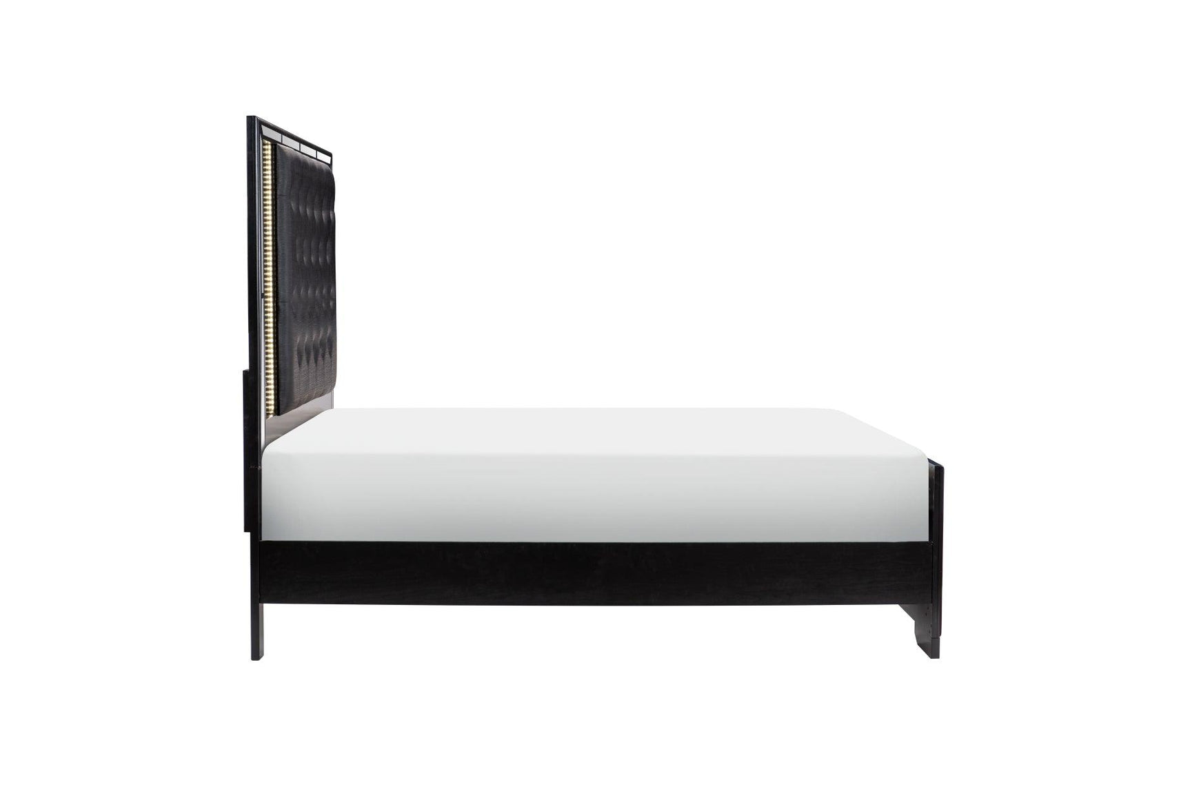 Aveline Black Faux Leather LED Upholstered Tufted Panel Bedroom Set bed side angle