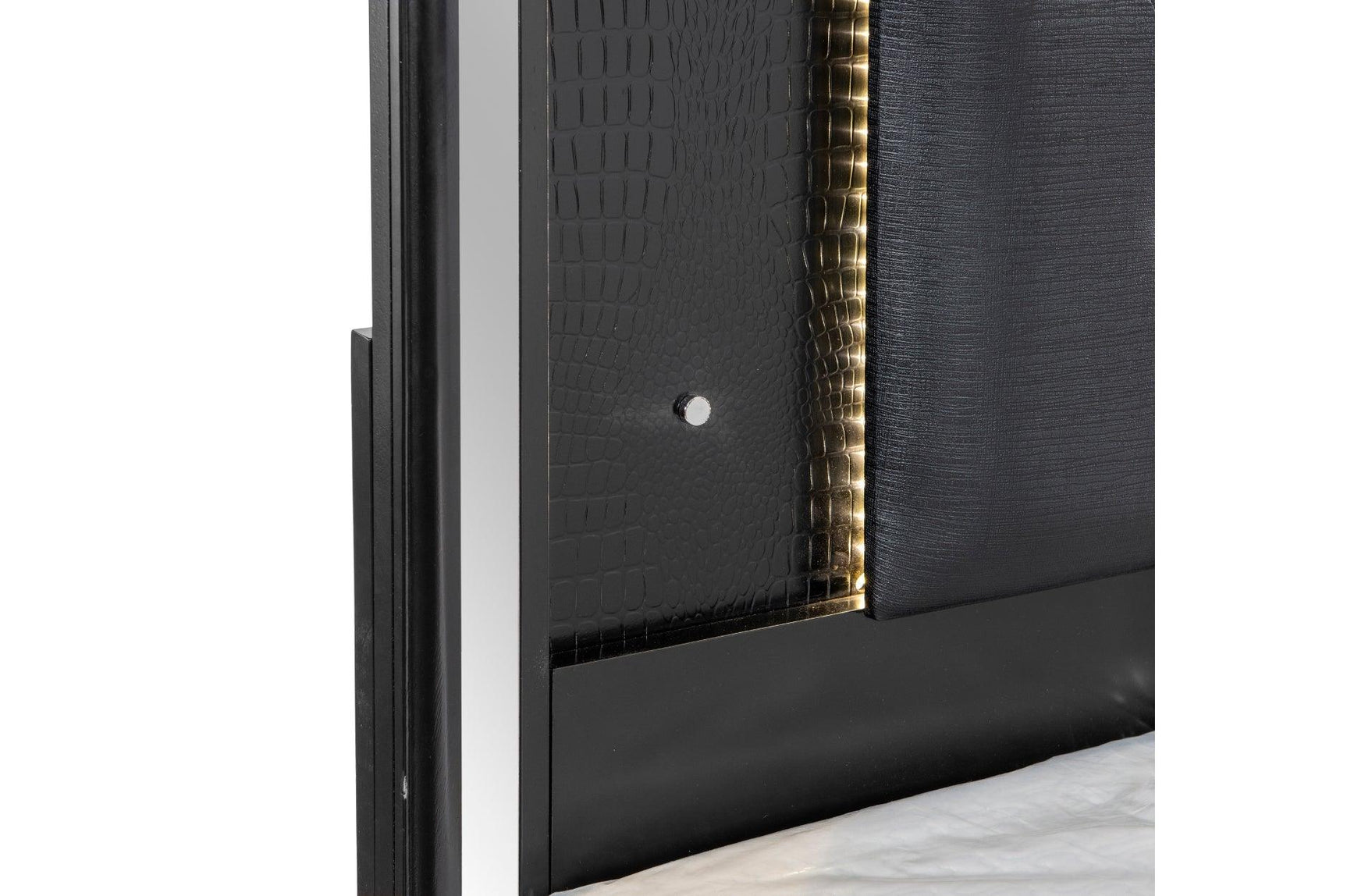 Switch detail on Aveline Black Faux Leather LED Upholstered Tufted Panel Bedroom Set bed
