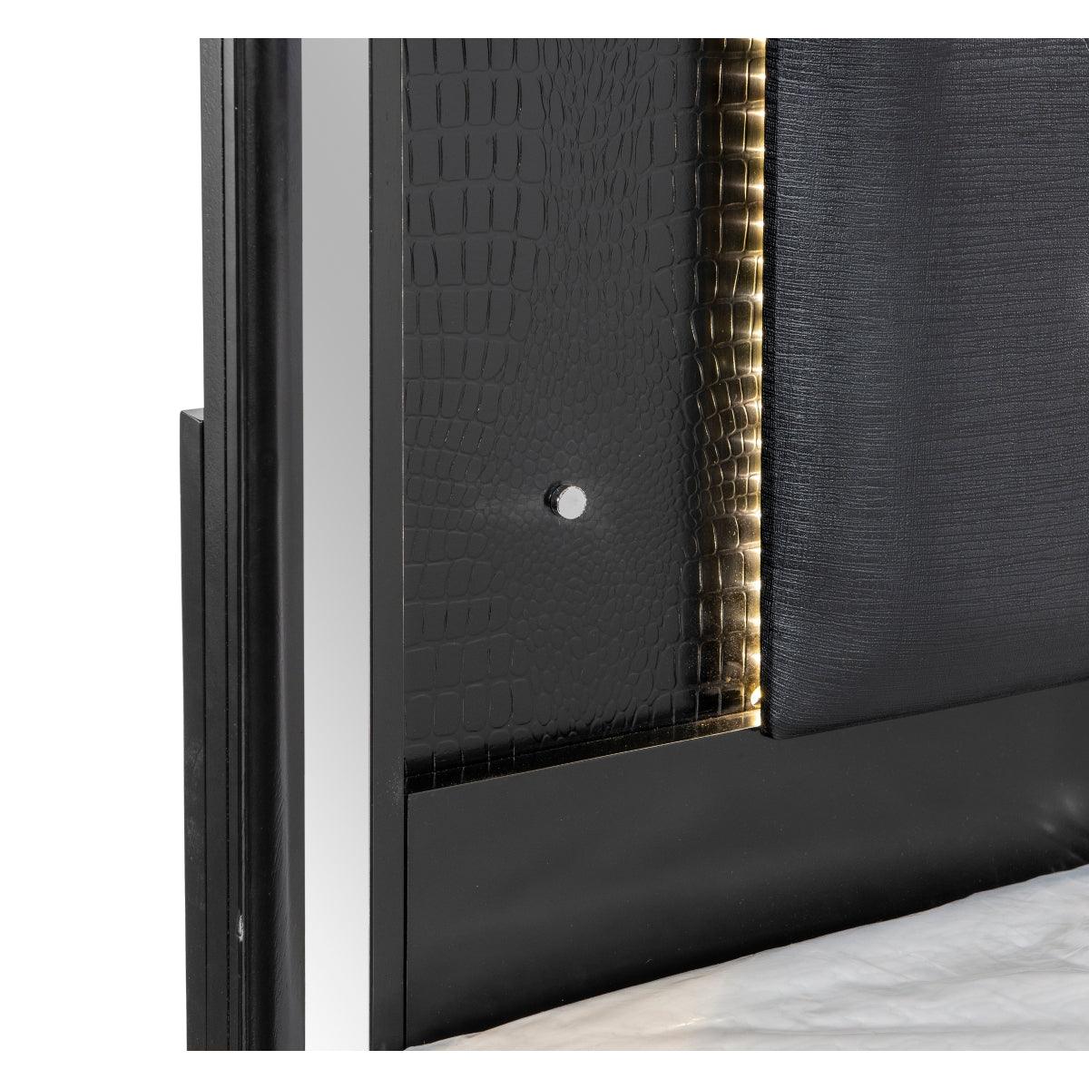Aveline Black Faux Alligator Faux Leather Upholstered Queen Bed lighting switch detail