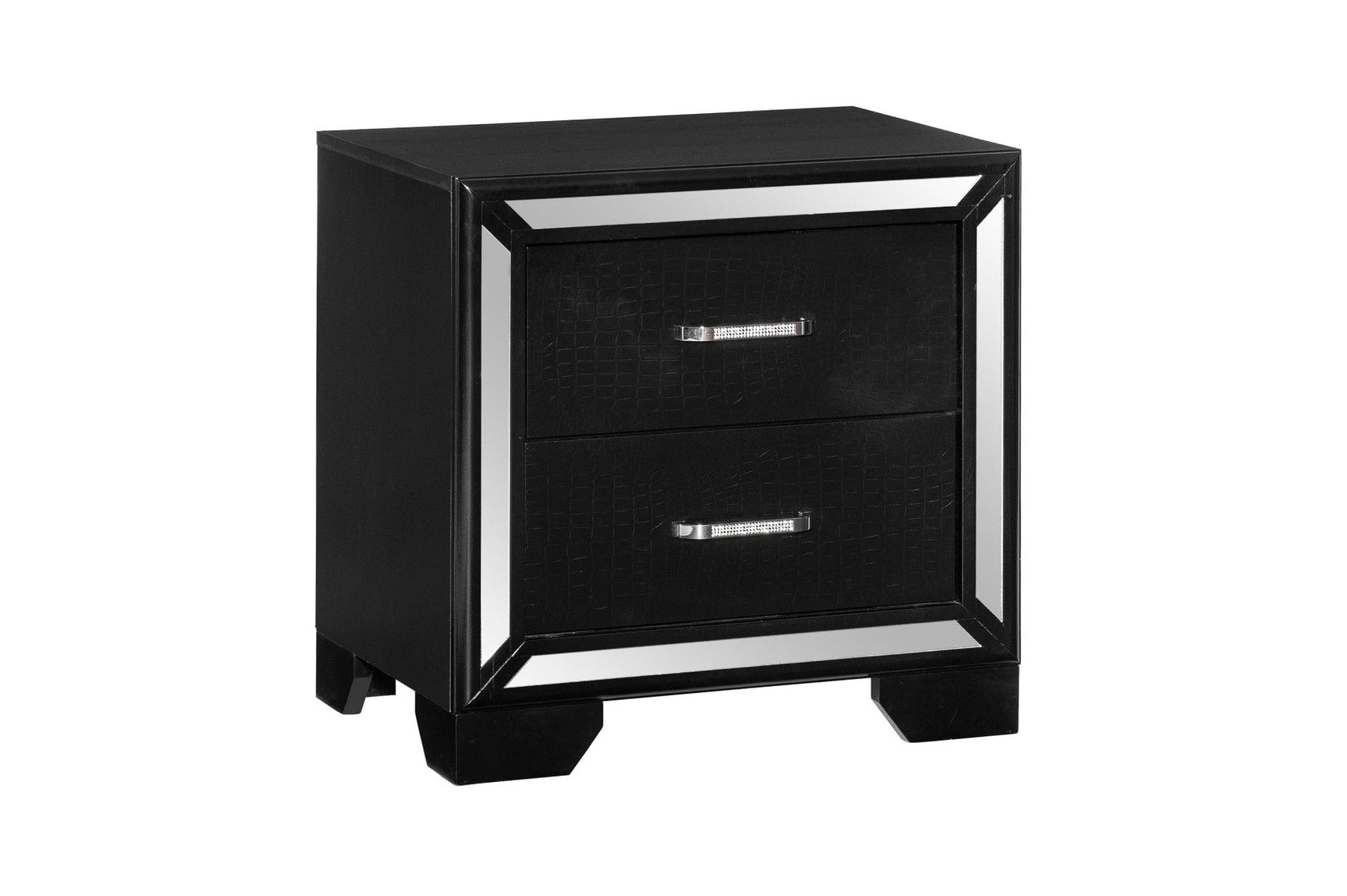Angled bedroom view of Aveline Black Faux Leather LED Upholstered Tufted Panel Bedroom Set bed