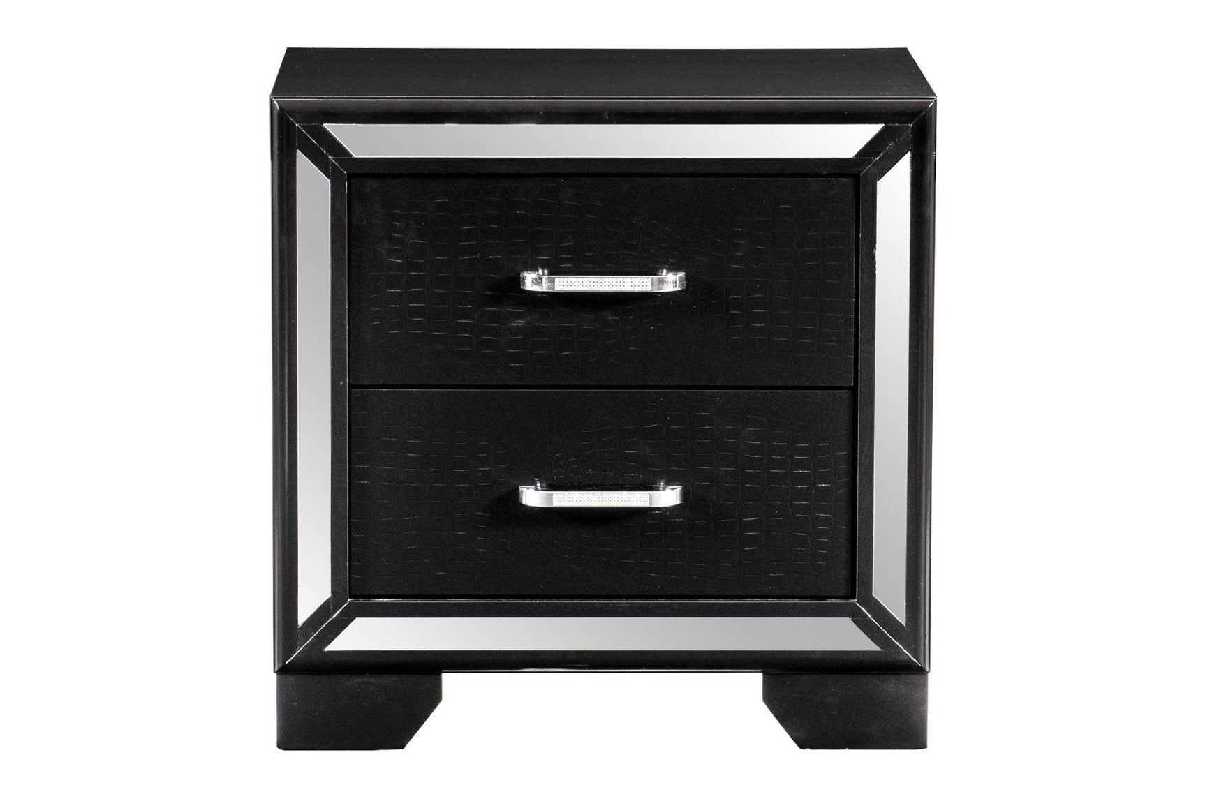 Side profile of Aveline Black Faux Leather LED Upholstered Tufted Panel Bedroom Set bed