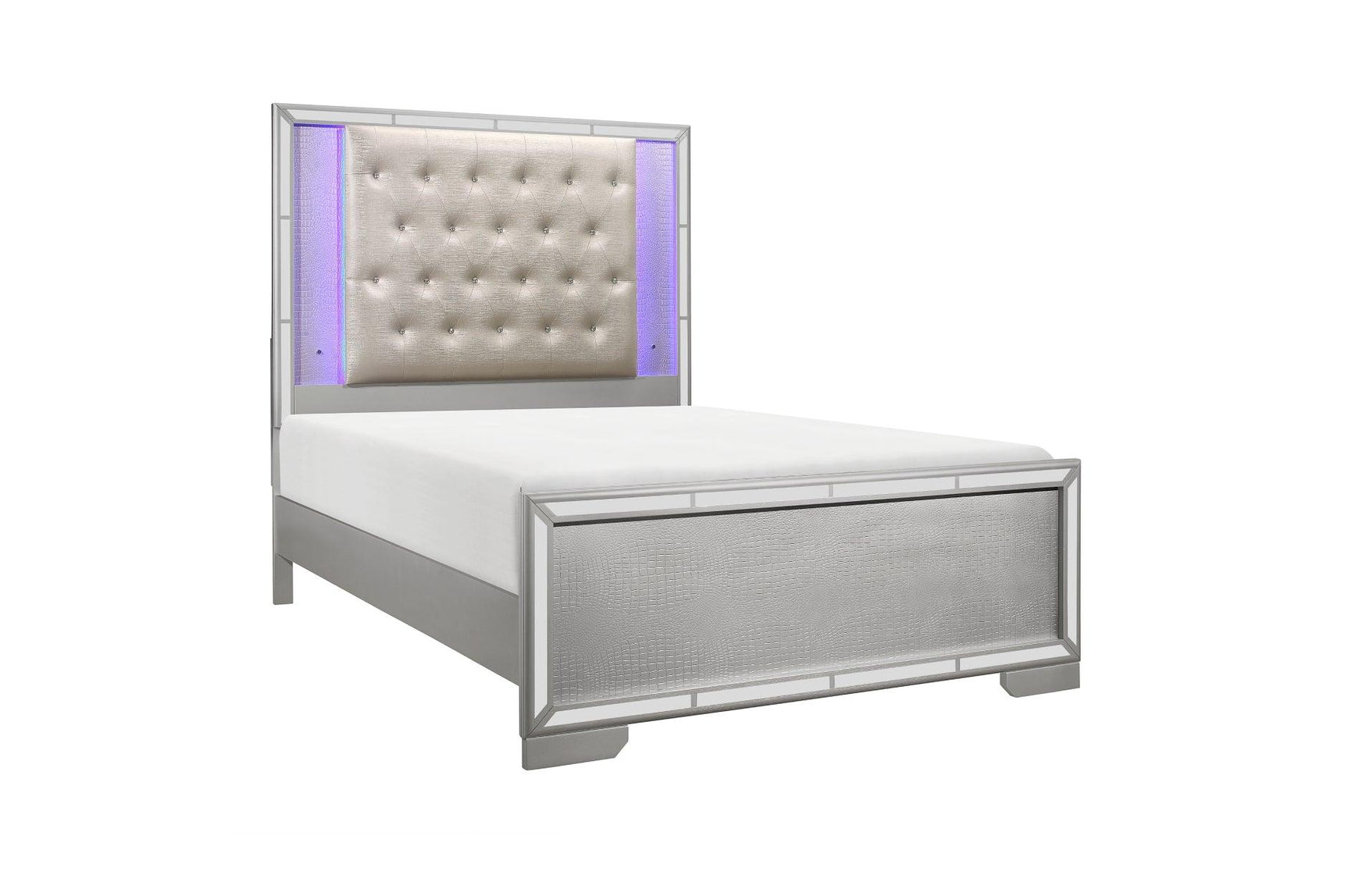 Bedroom view of Aveline Silver Faux Leather Upholstered Tufted Panel Bedroom Set bed