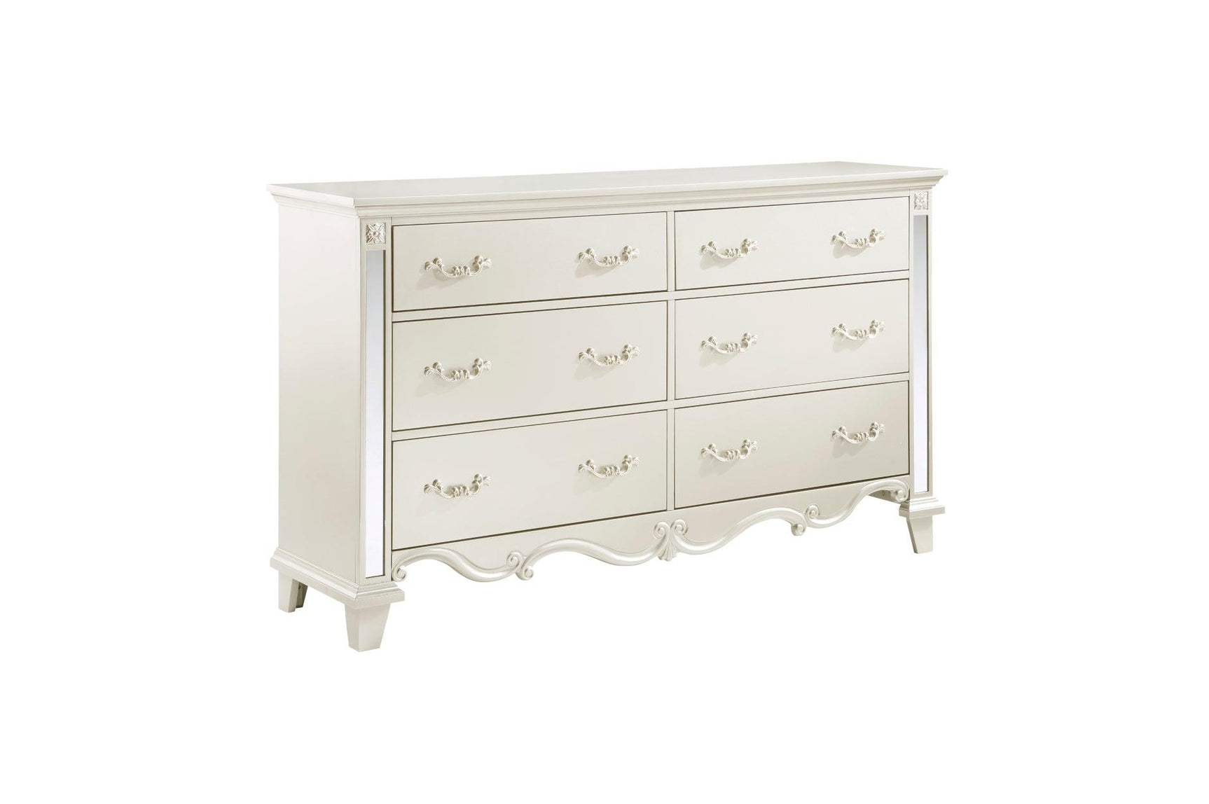 Side view of Ever Champagne Faux Leather Tufted Sleigh Bedroom Set bed and nightstand