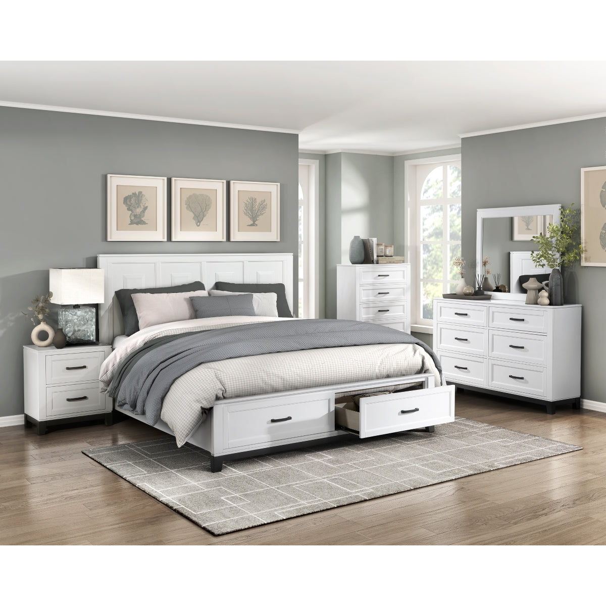 Hela queen bed close-up of satin nickel bar pulls