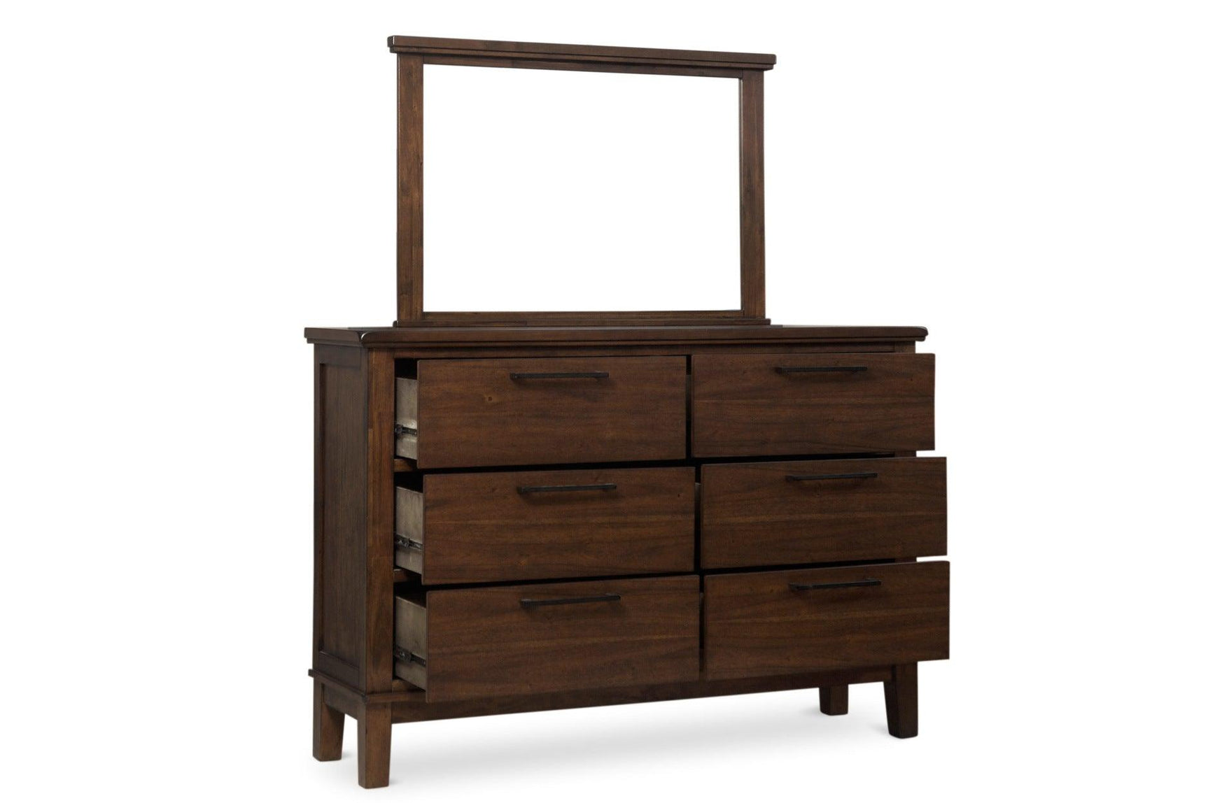 Side perspective of bedroom set showing dresser and mirror