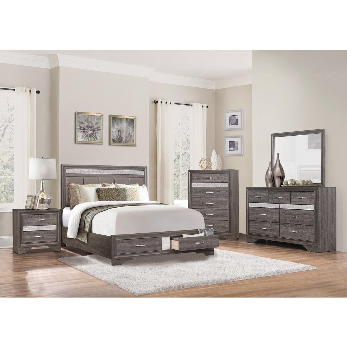 Close-up of tufted gray faux leather headboard