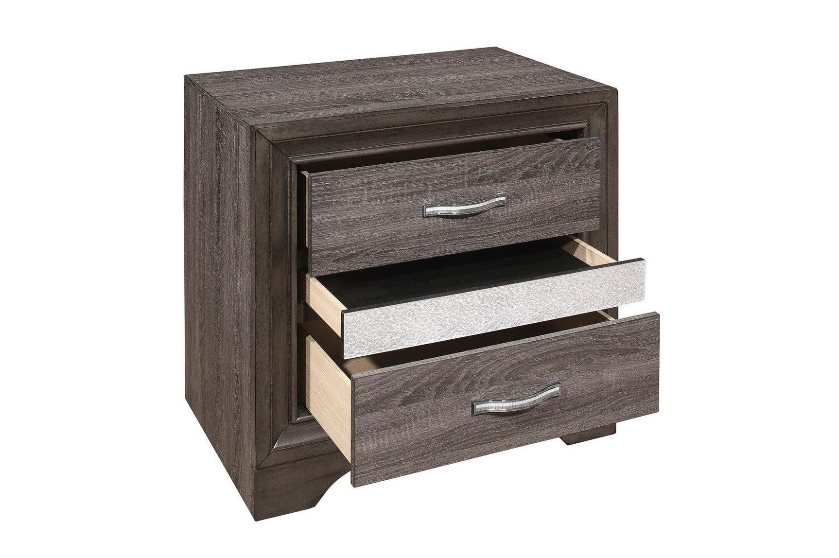 main view of Luster Gray Faux Leather Storage Platform Bed with storage open