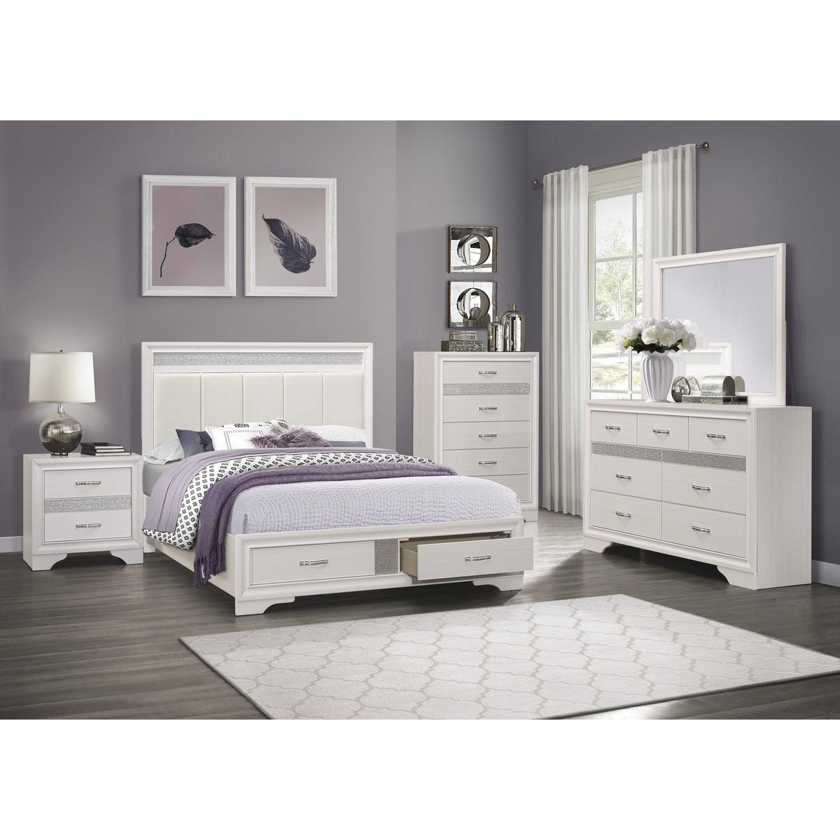 Luster king platform bed with white and silver details